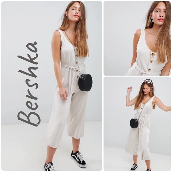Bershka Pants - Bershka Beige Button Down Jumpsuit with‎ Tie Waist, Medium